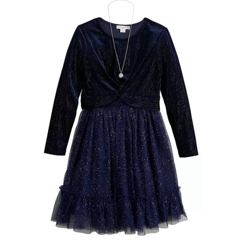 Girls Navy Blue Knit Works Twist-Front Popover Sequin Dress